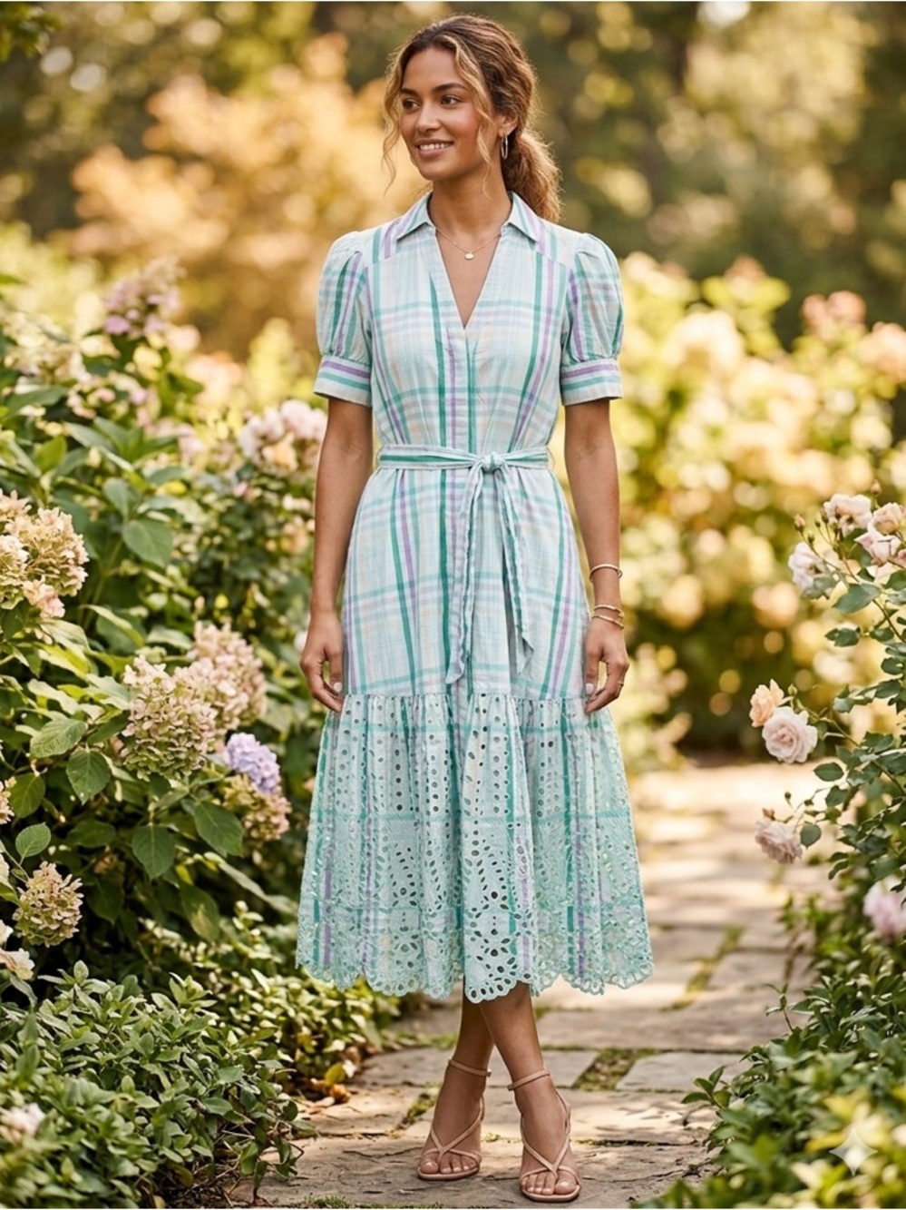 Tanya Taylor /Mint Plaid Shirt Dress with Eyelet Hem - Sz 8